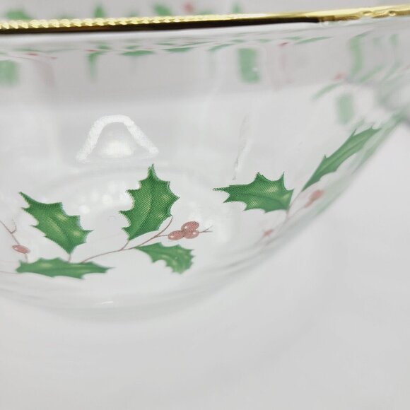 Lenox Arcoroc Christmas Holly Berry 9” Clear Glass Serving Bowl with Gold Trim - Picture 5 of 11